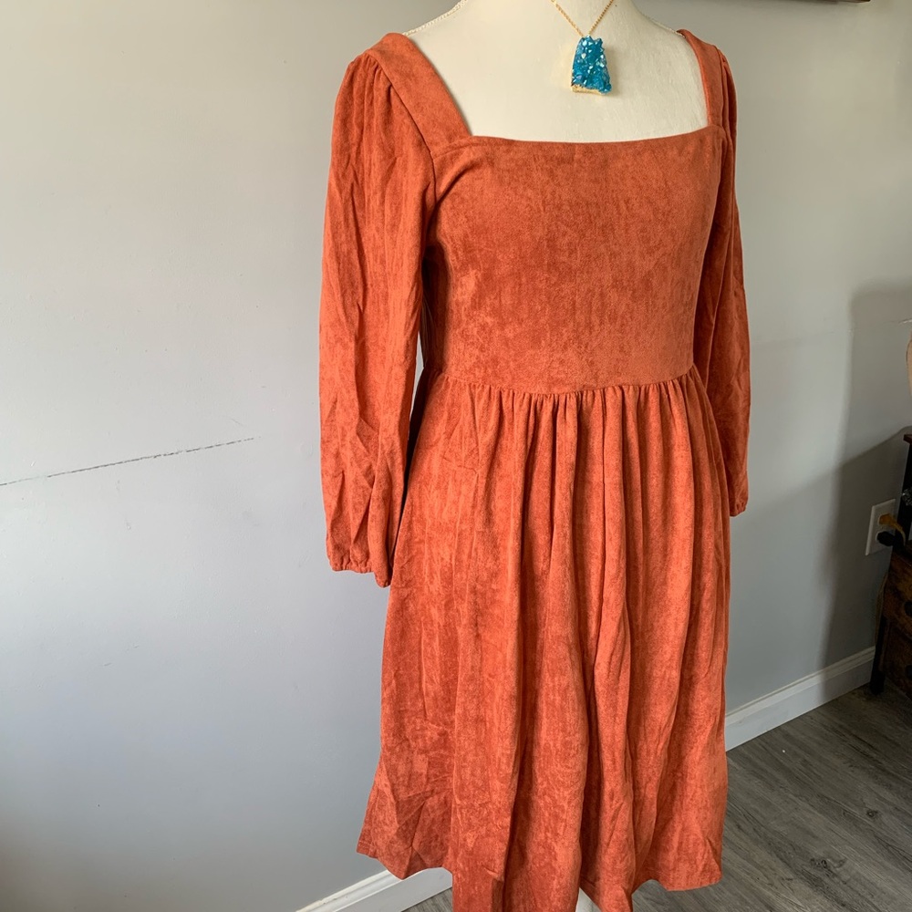 *Host Pick!🎉 Brown Boho Suede Square Neck Mini Swing Dress with Square Neckline - Picture 14 of 15